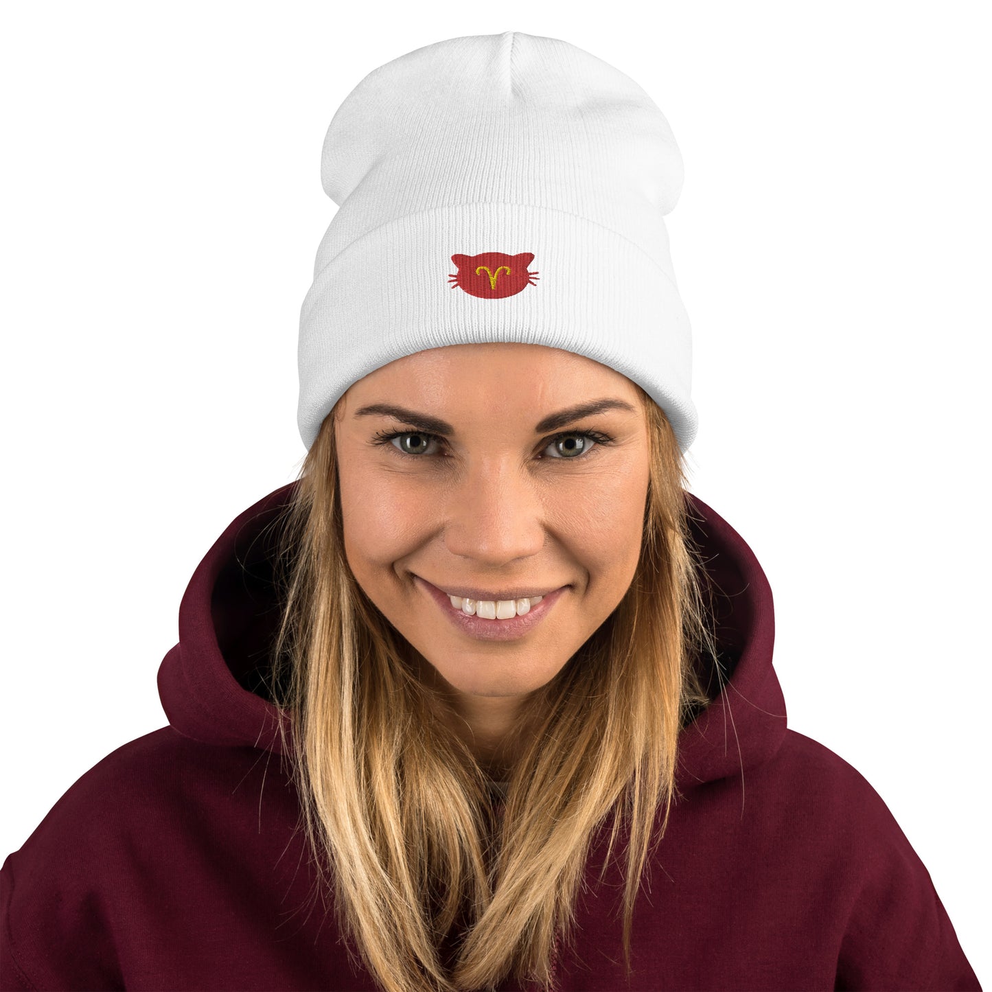 Aries Lucky Cat: Unisex Embroidered Cuffed Beanie - Ruby Red