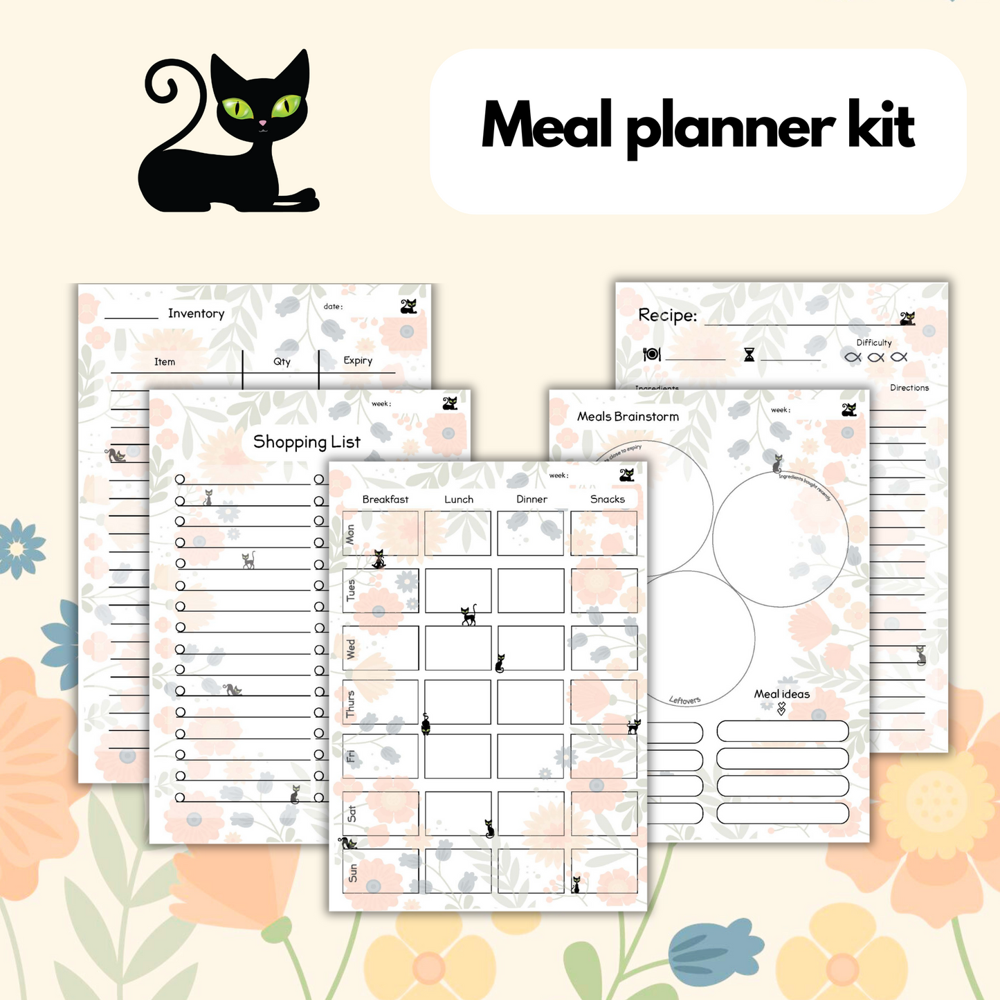 Spring: Panther the Cat -  Meal Planner Kit [Digital & Printables]