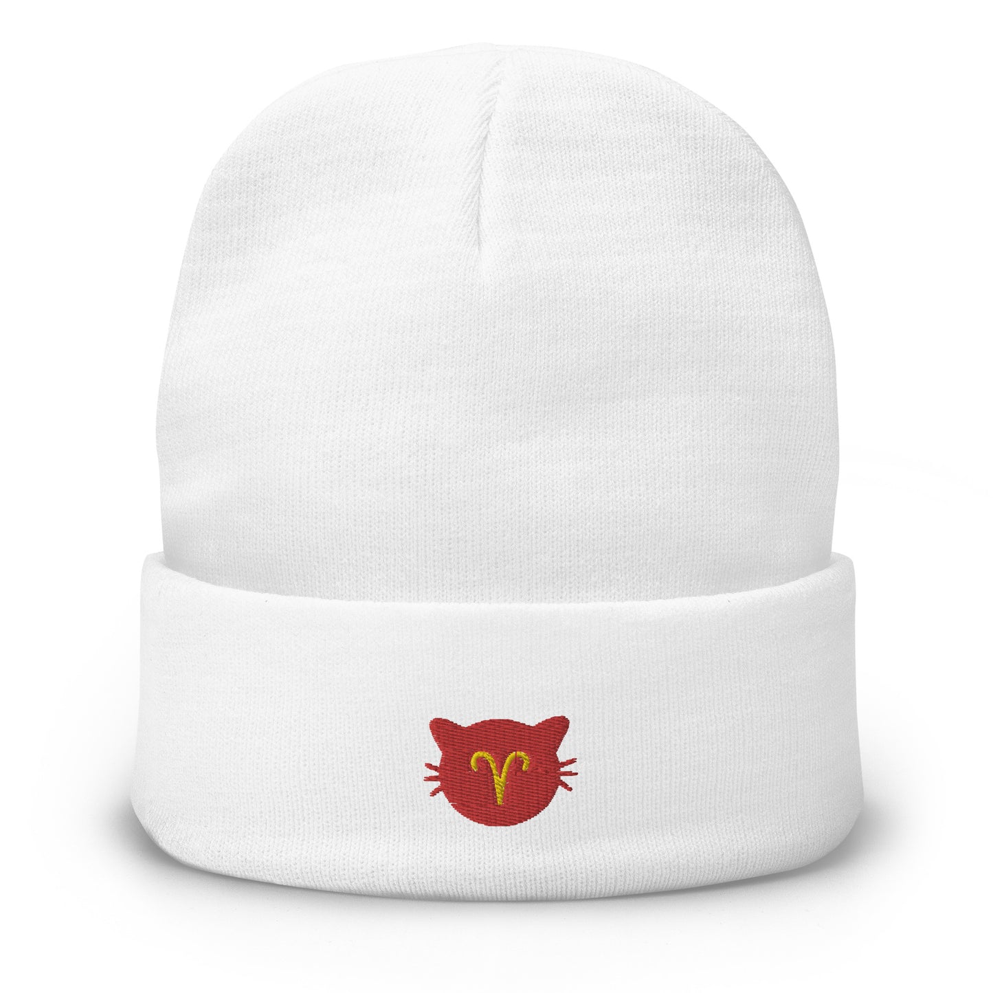Aries Lucky Cat: Unisex Embroidered Cuffed Beanie - Ruby Red