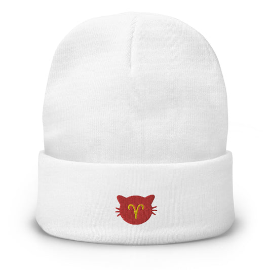 Aries Lucky Cat: Unisex Embroidered Cuffed Beanie - Ruby Red