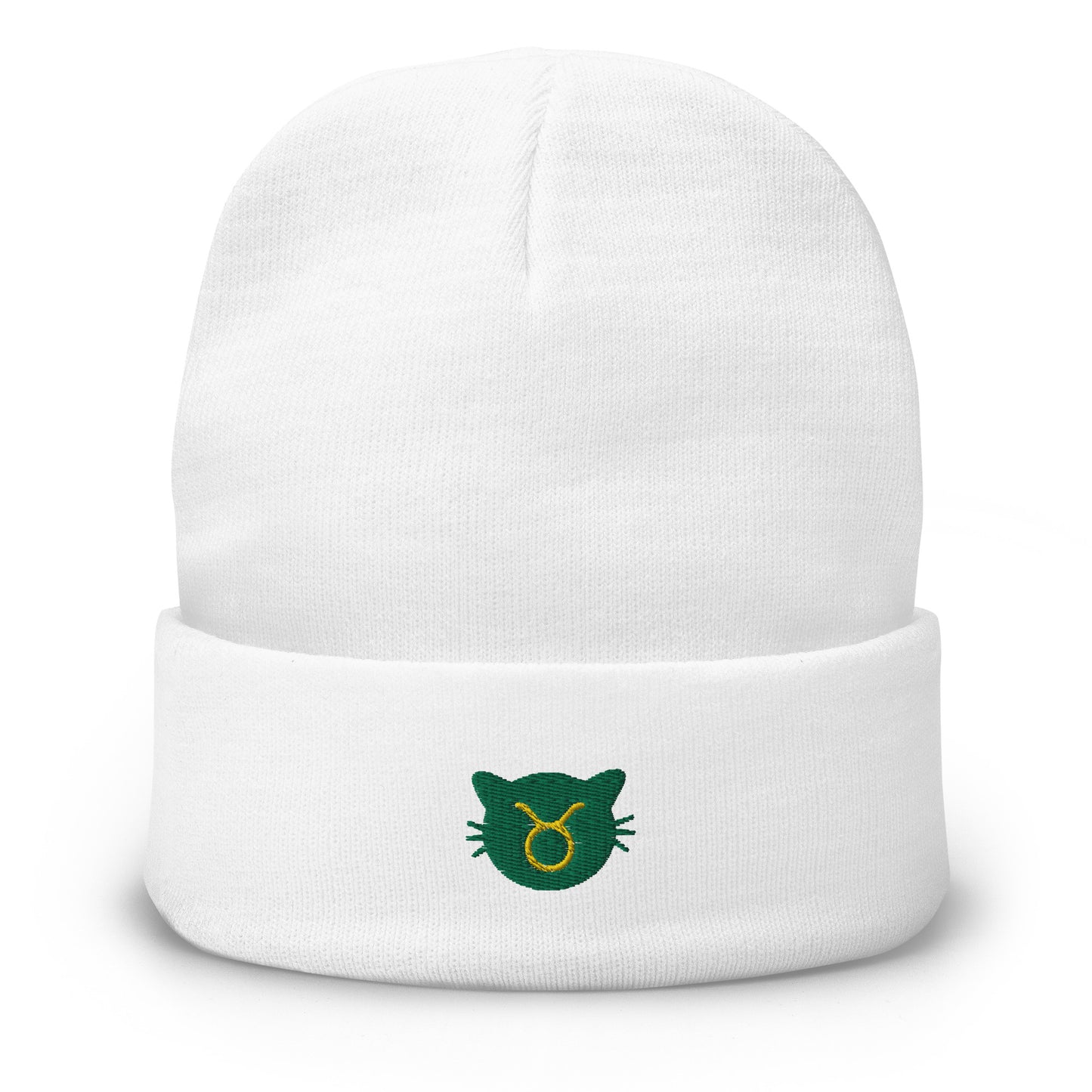 Taurus Lucky Cat: Unisex Embroidered Cuffed Beanie - Jade Green
