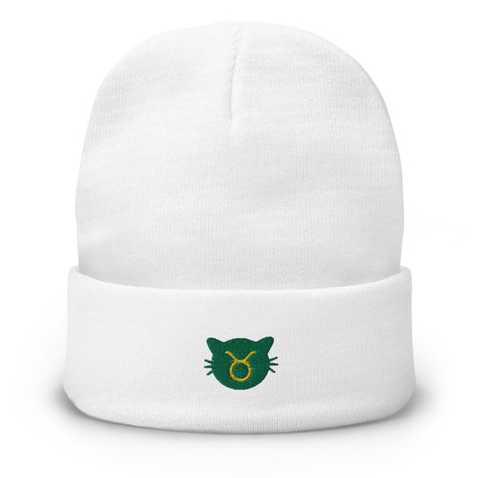 Taurus Lucky Cat: Unisex Embroidered Cuffed Beanie - Jade Green