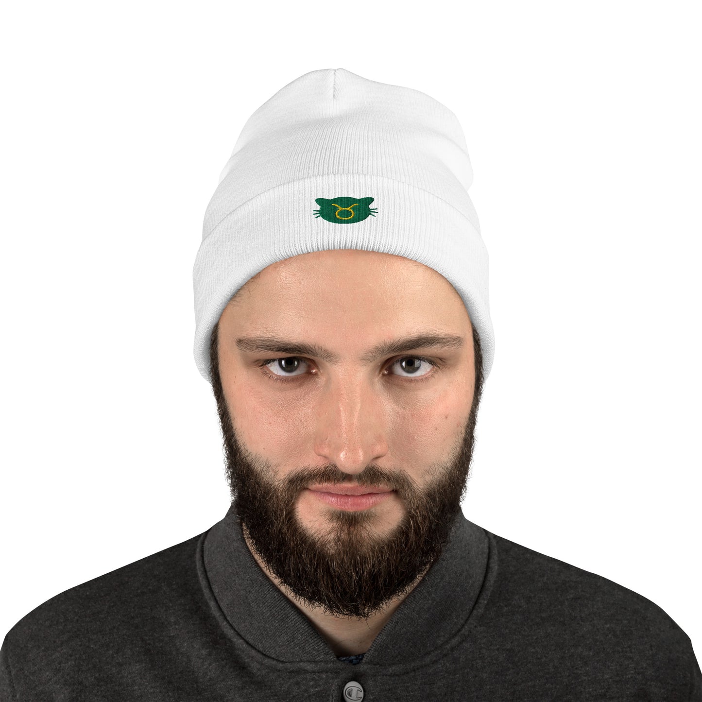 Taurus Lucky Cat: Unisex Embroidered Cuffed Beanie - Jade Green