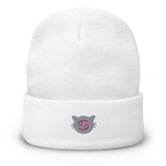 Cancer Lucky Cat: Unisex Embroidered Cuffed Beanie - Cool Silver Grey