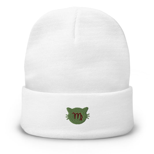 Virgo Lucky Cat: Unisex Embroidered Cuffed Beanie - Emerald Green