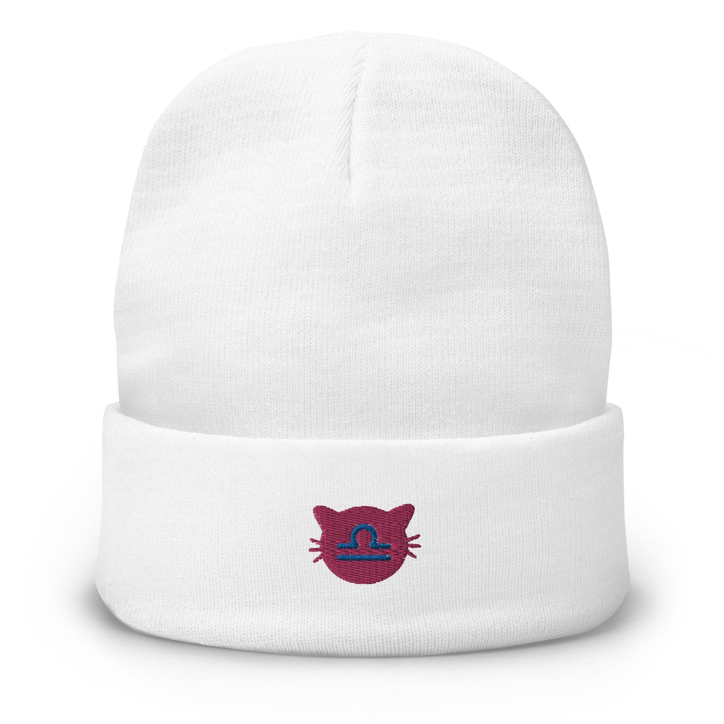 Libra Lucky Cat: Unisex Embroidered Cuffed Beanie - Rose Quartz
