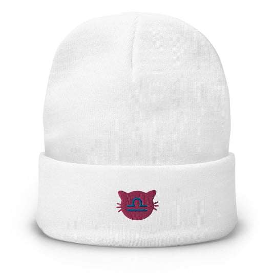 Libra Lucky Cat: Unisex Embroidered Cuffed Beanie - Rose Quartz