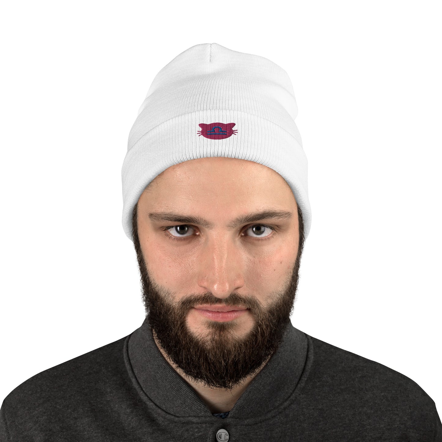 Libra Lucky Cat: Unisex Embroidered Cuffed Beanie - Rose Quartz