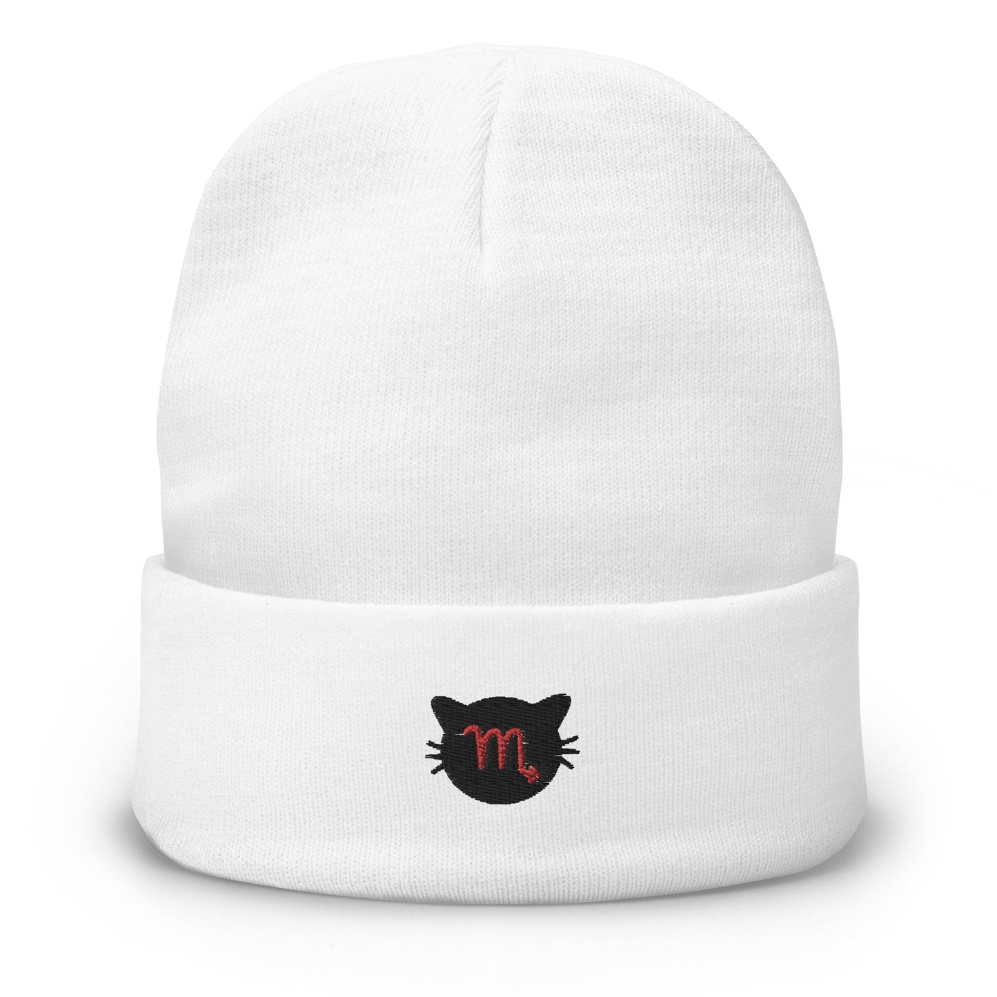 Scorpio Lucky Cat: Unisex Embroidered Cuffed Beanie - Black Onyx
