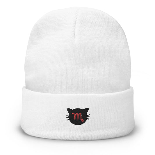 Scorpio Lucky Cat: Unisex Embroidered Cuffed Beanie - Black Onyx
