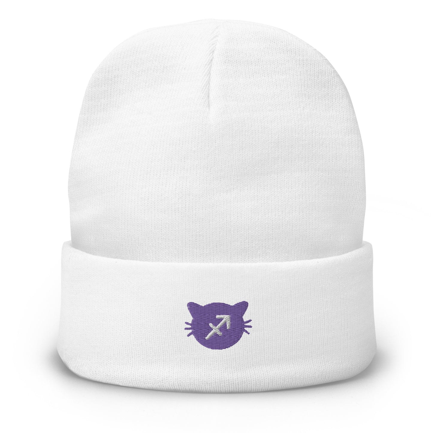 Sagittarius Lucky Cat: Unisex Embroidered Cuffed Beanie - Purple Amethyst