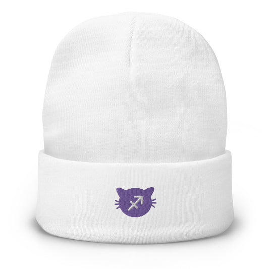 Sagittarius Lucky Cat: Unisex Embroidered Cuffed Beanie - Purple Amethyst