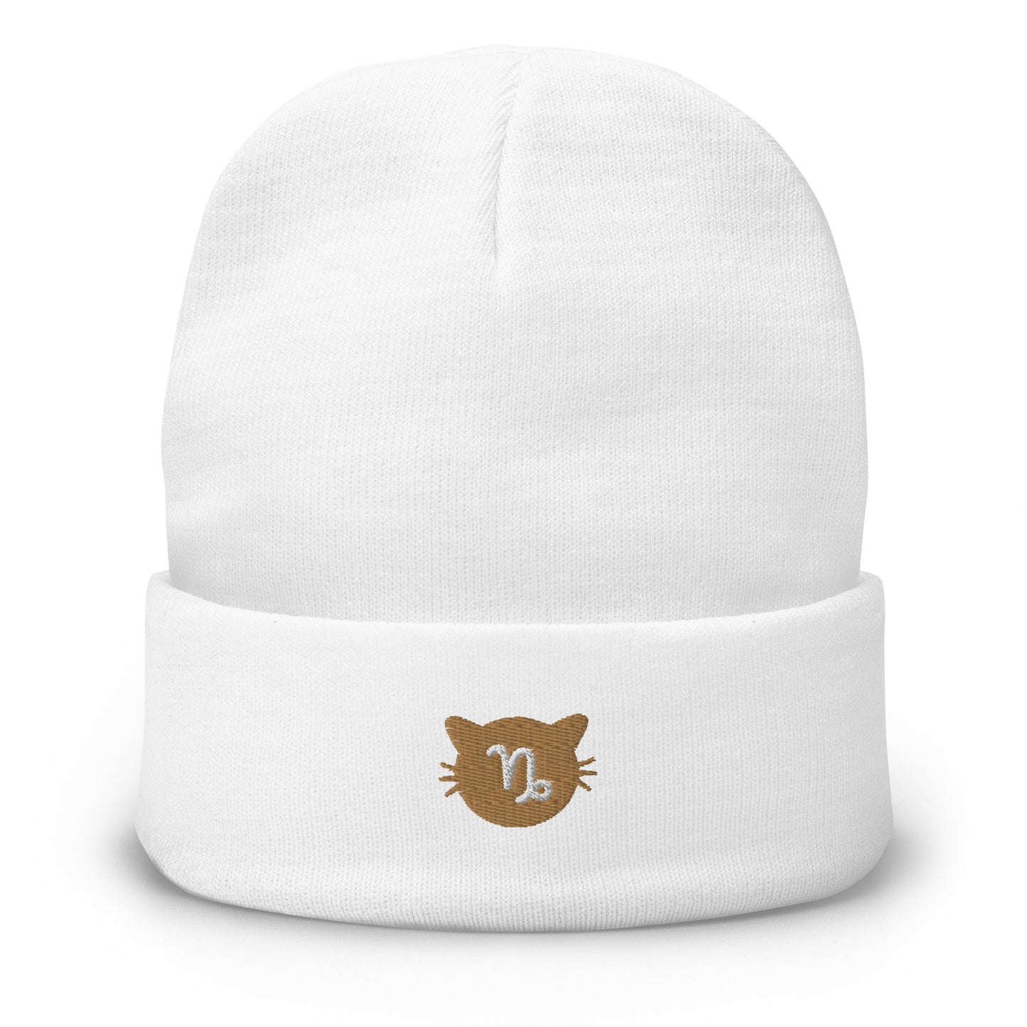 Capricorn Lucky Cat: Unisex Embroidered Cuffed Beanie - Smokey Quartz