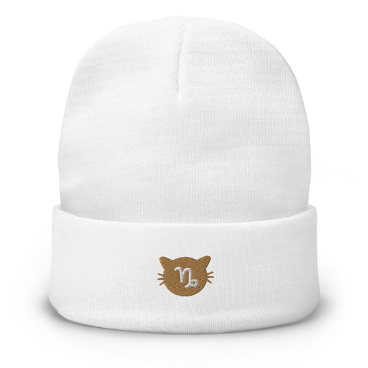Capricorn Lucky Cat: Unisex Embroidered Cuffed Beanie - Smokey Quartz