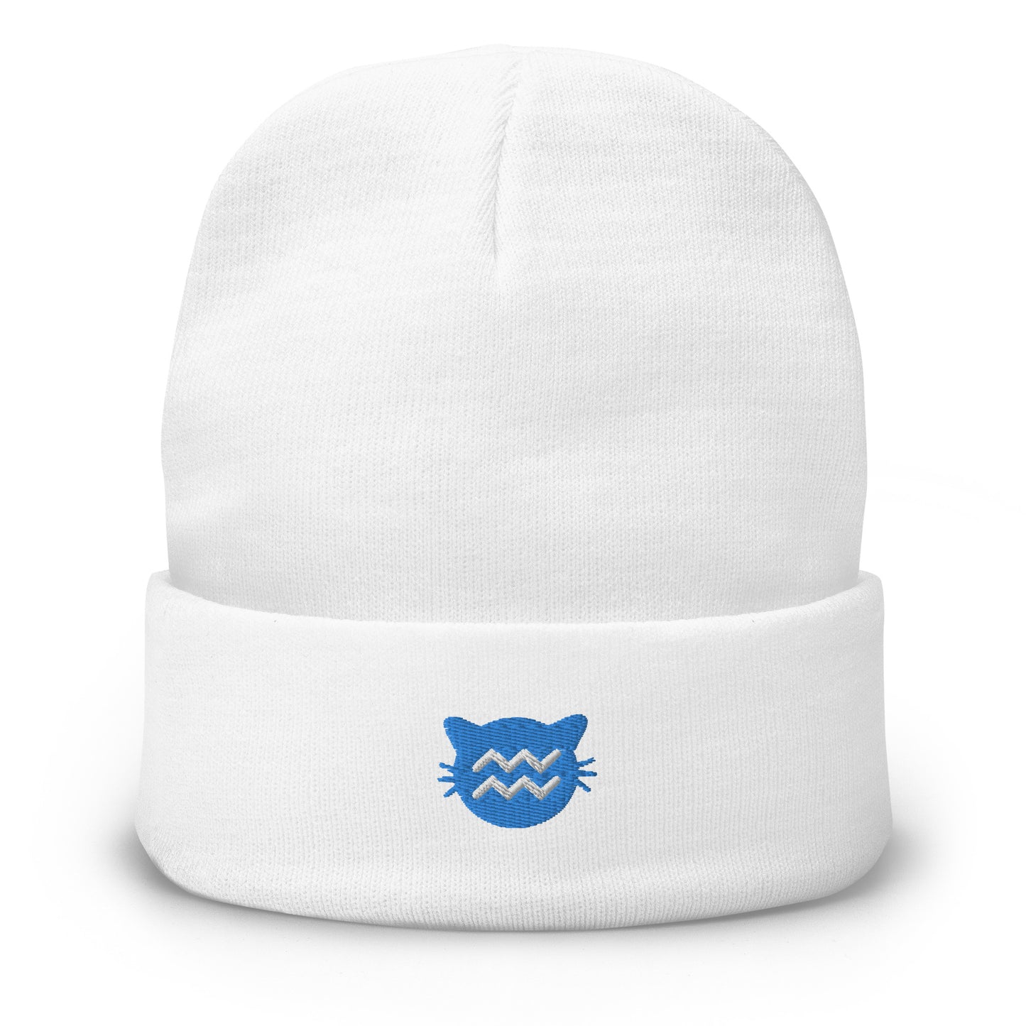 Aquarius Lucky Cat: Unisex Embroidered Cuffed Beanie - Blue Sapphire