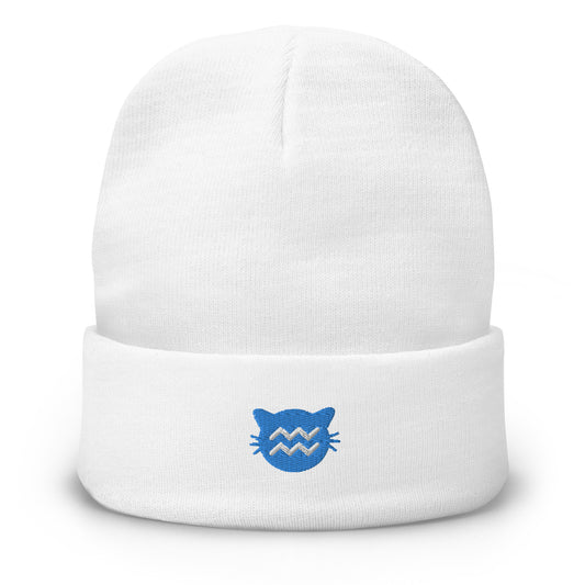 Aquarius Lucky Cat: Unisex Embroidered Cuffed Beanie - Blue Sapphire