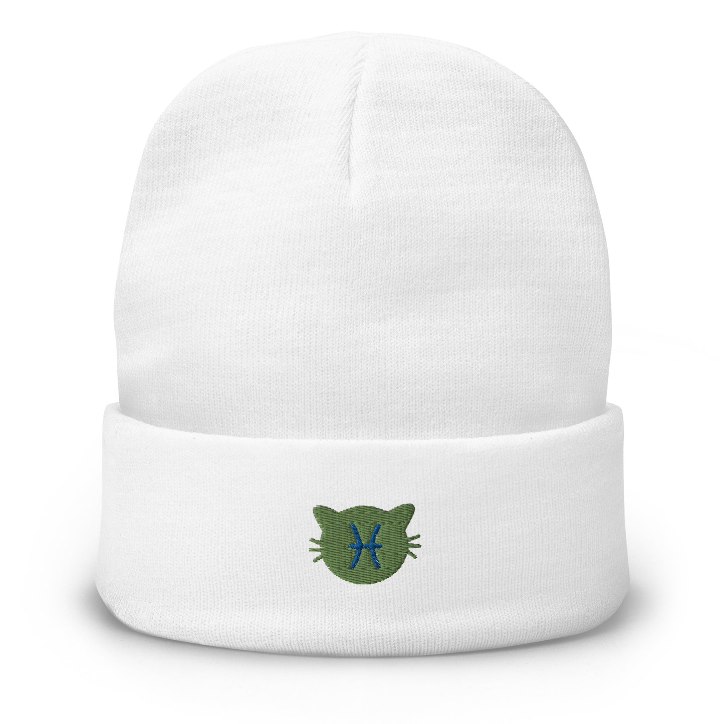 Pisces Lucky Cat: Unisex Embroidered Cuffed Beanie - Peridot Green