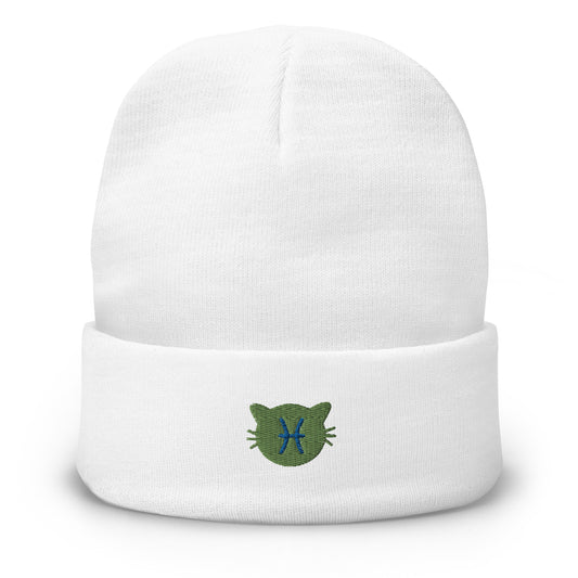 Pisces Lucky Cat: Unisex Embroidered Cuffed Beanie - Peridot Green