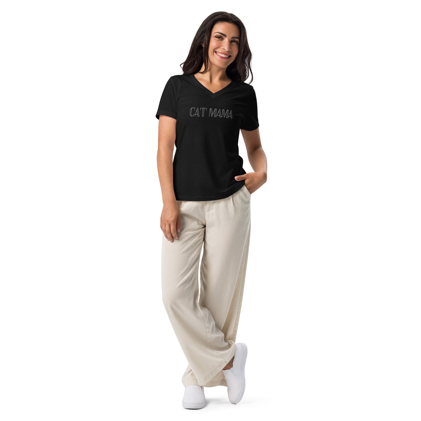Cat Mama Vibes Black - Relaxed V-neck T-shirt